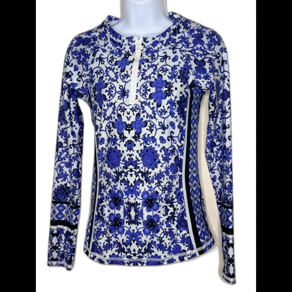 Nanette Lepore Blue Floral Long Sleeve Quarter Zip Rash Guard Swim Top sz M